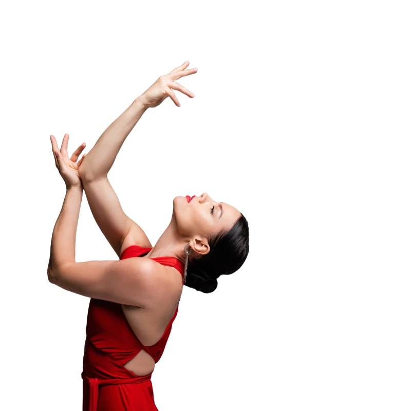 Clases de Danza Contemporánea en Madrid para Adultos y Adolescentes Bailarina alumna de medio cuerpo realizando una pose de danza contemporánea con las manos y la cabeza hacia arriba en Factory Ballet, Madrid