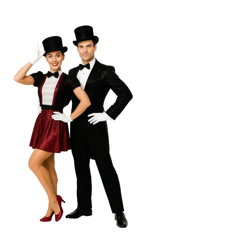 Escuela de Teatro Musical para Adultos en Madrid Centro Dos bailarines de nivel avanzado en pose teatral con vestuario de musical en Factory Ballet, Madrid Centro
