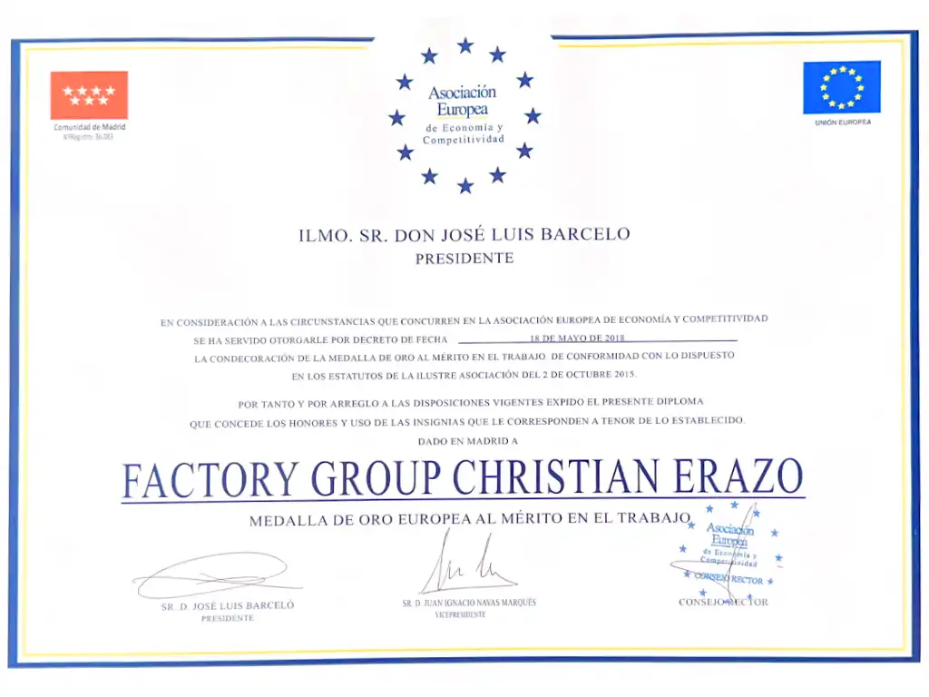 Factory Ballet Madrid recibe la Medalla de Oro Europea al Mérito en el Trabajo Medalla de Oro Europea al Mérito en el Trabajo otorgada a Factory Ballet Madrid por la Asociación Europea de Economía y Competitividad.